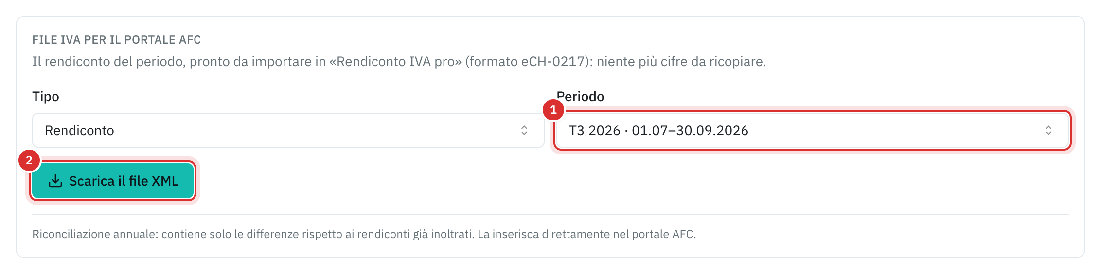 Il riquadro File IVA per il portale AFC: il tipo di rendiconto, il periodo T3 2026 e il pulsante Scarica il file XML.