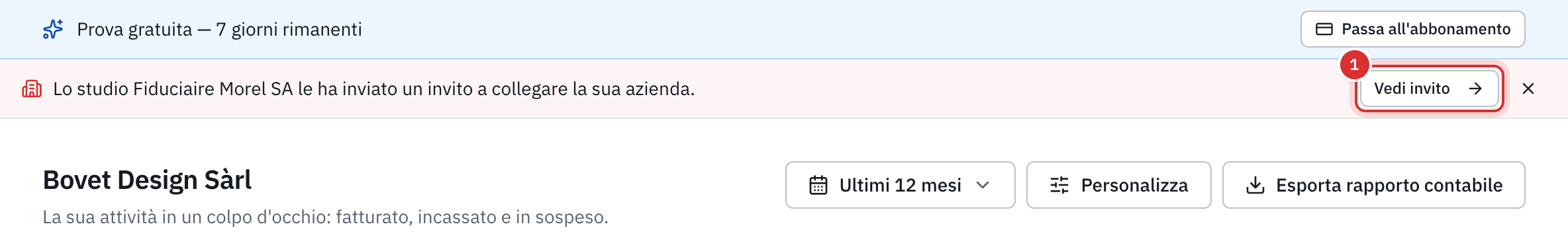 La dashboard del cliente con il banner dell’invito dello studio e il pulsante Vedi invito.