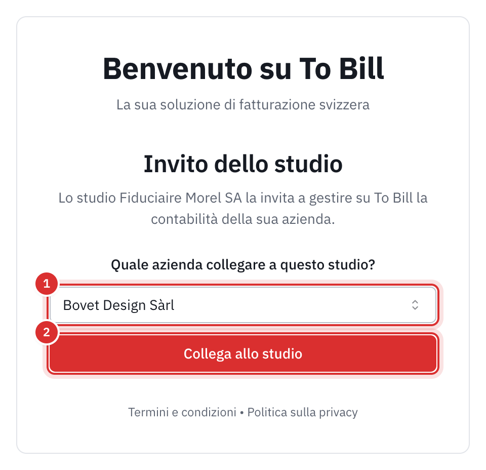La pagina Invito dello studio: la scelta dell’azienda e il pulsante Collega allo studio.