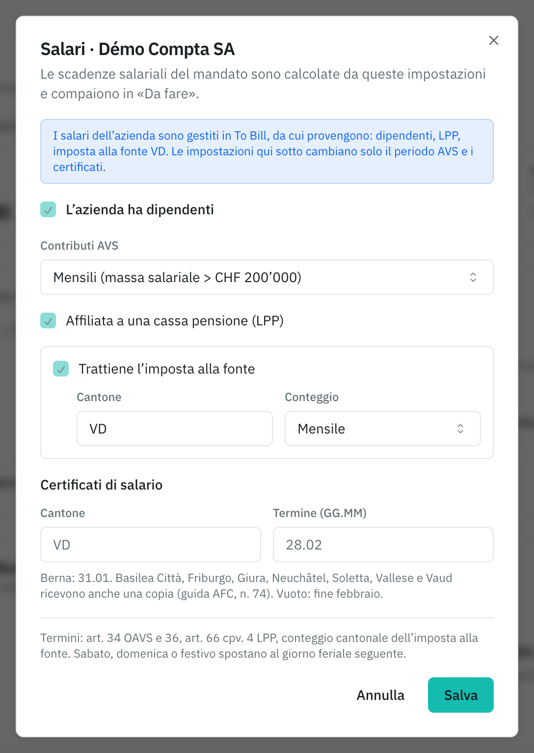 La finestra Salari di un mandato: i dipendenti, la periodicità AVS, la LPP, l’imposta alla fonte e i certificati di salario.