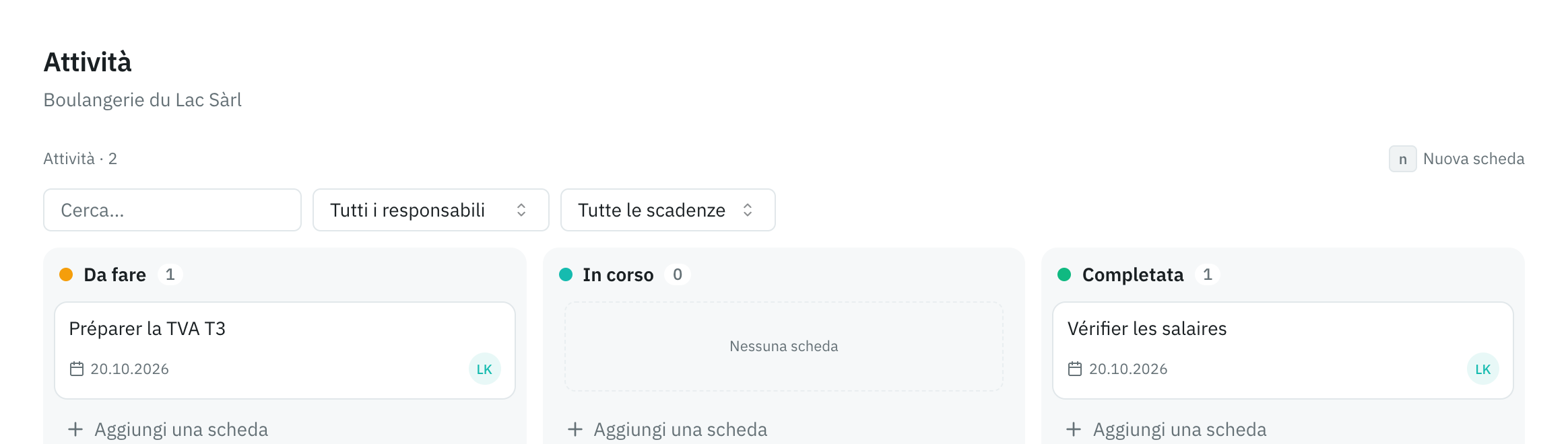 La bacheca delle attività di un mandato: le colonne Da fare, In corso e Completata, con una scheda in ciascuna.