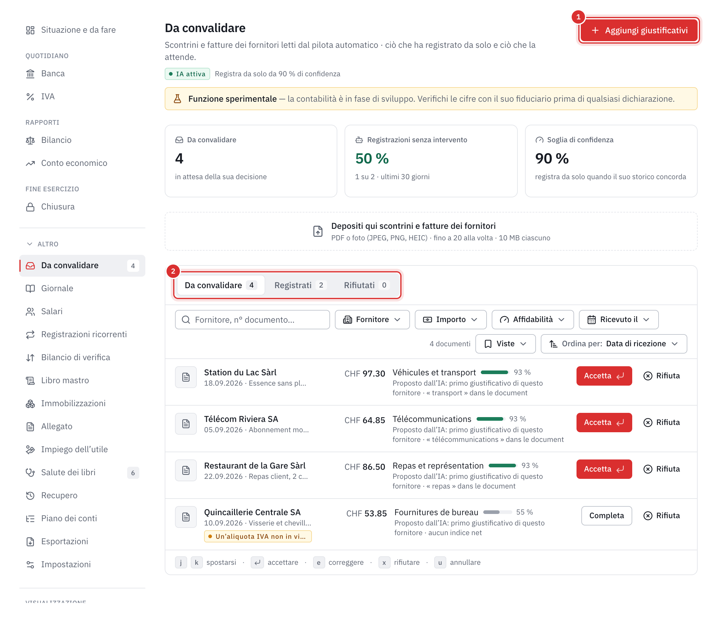 La pagina Da convalidare: il pulsante Aggiungi giustificativi, i contatori, la zona di caricamento e quattro giustificativi letti, con la loro proposta e i pulsanti Accetta e Rifiuta.