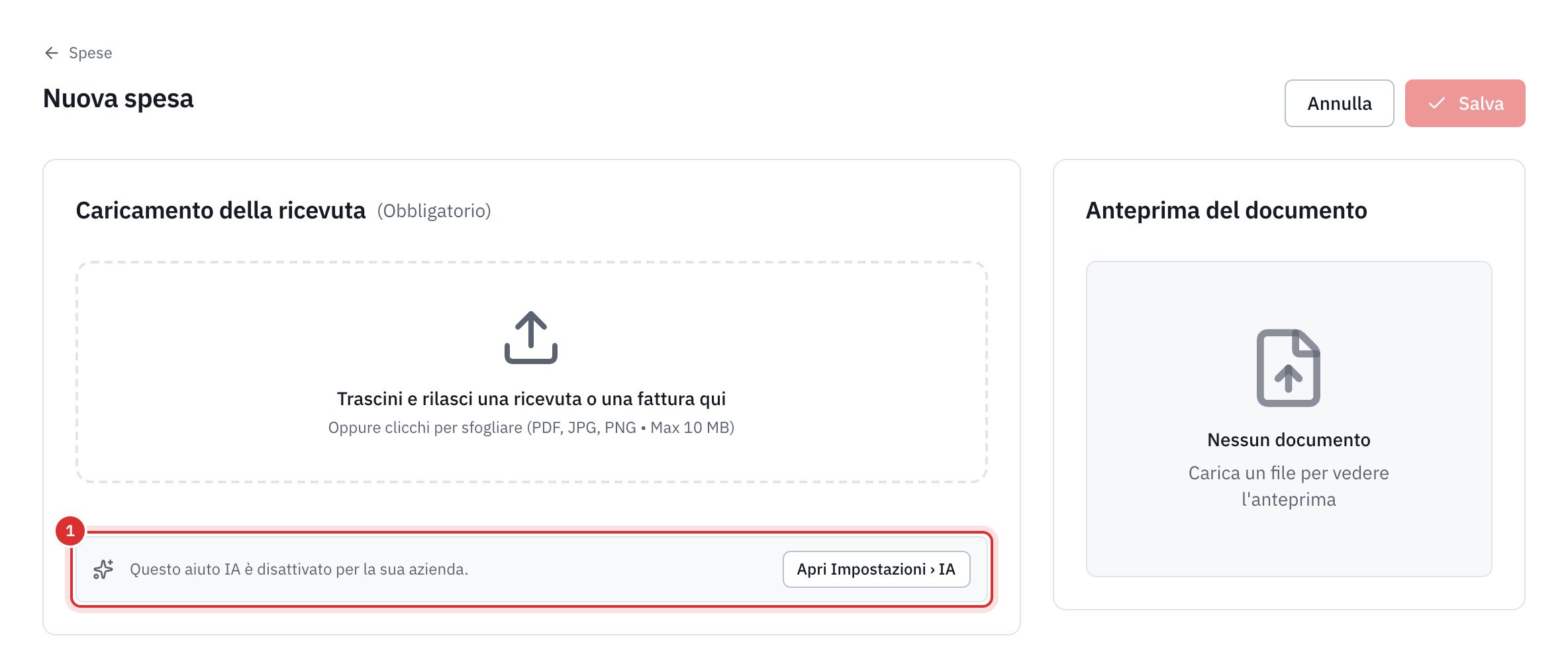 La pagina Nuova spesa di un’azienda senza IA: sotto la zona della ricevuta, la nota Questo aiuto IA è disattivato per la sua azienda, con il pulsante Apri Impostazioni, IA.
