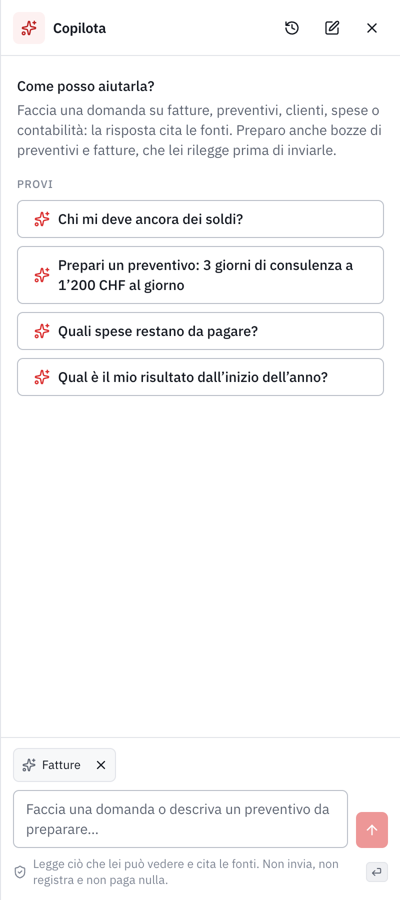 Il pannello Copilota a destra delle fatture: Come posso aiutarLa?, domande da provare, l’etichetta della pagina e il campo della domanda.