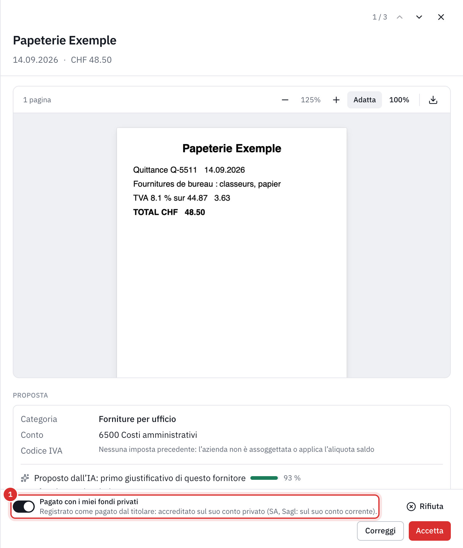 La scheda di un giustificativo di Papeterie Exemple in Da convalidare: la ricevuta, la proposta Forniture per ufficio, e in fondo l’interruttore Pagato con i miei fondi privati attivato, con i pulsanti Rifiuta, Correggi e Accetta.