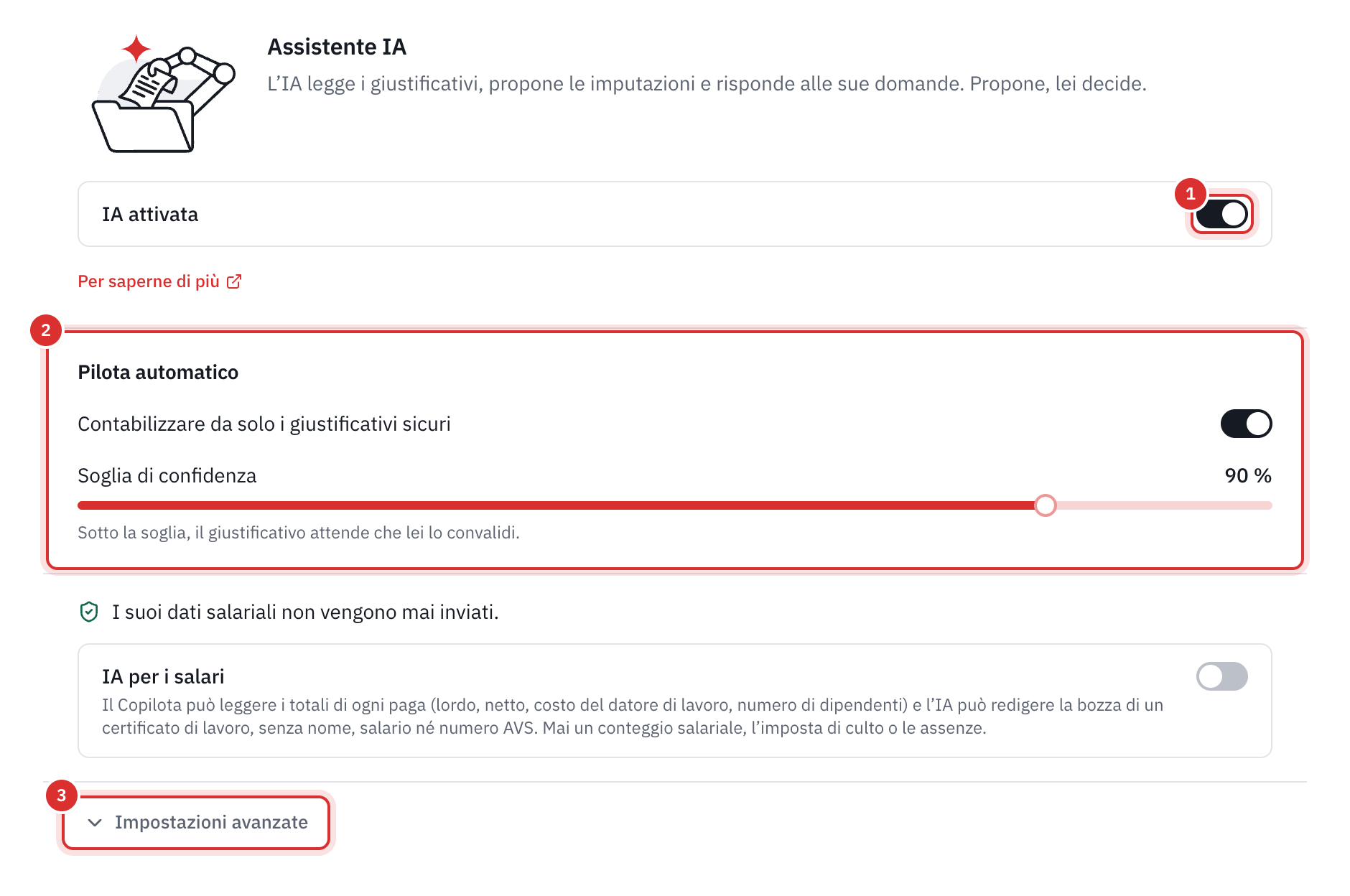 La pagina Impostazioni, IA: l’interruttore IA attivata, il pilota automatico e il link Impostazioni avanzate.