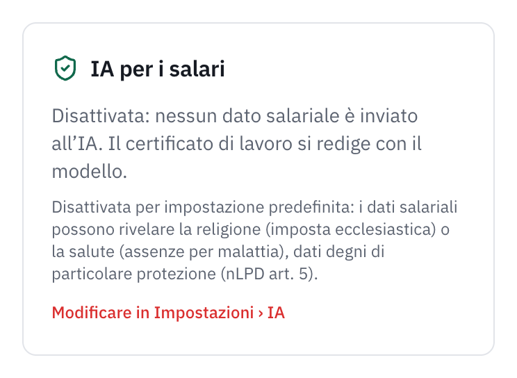 La scheda IA per i salari della pagina Salari, Assicurazioni: Disattivata, nessun dato salariale è inviato all’IA, il motivo e il link Modificare in Impostazioni, IA.