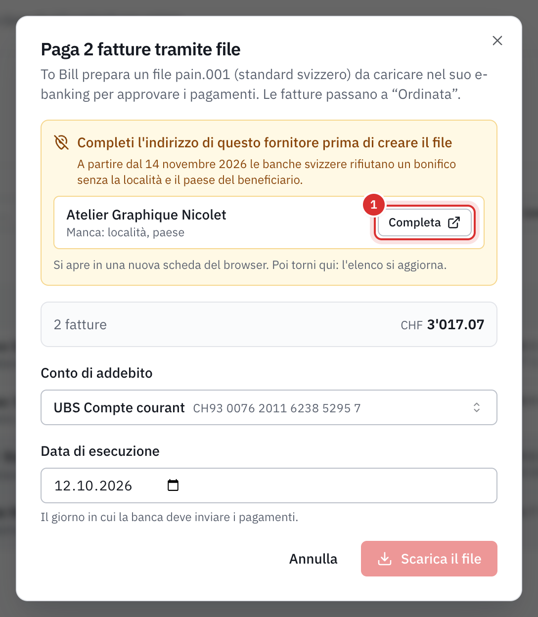 La finestra di pagamento con l’avviso Completate l’indirizzo di questo fornitore prima di creare il file: Atelier Graphique Nicolet, mancano la località e il paese, con il pulsante Completa.