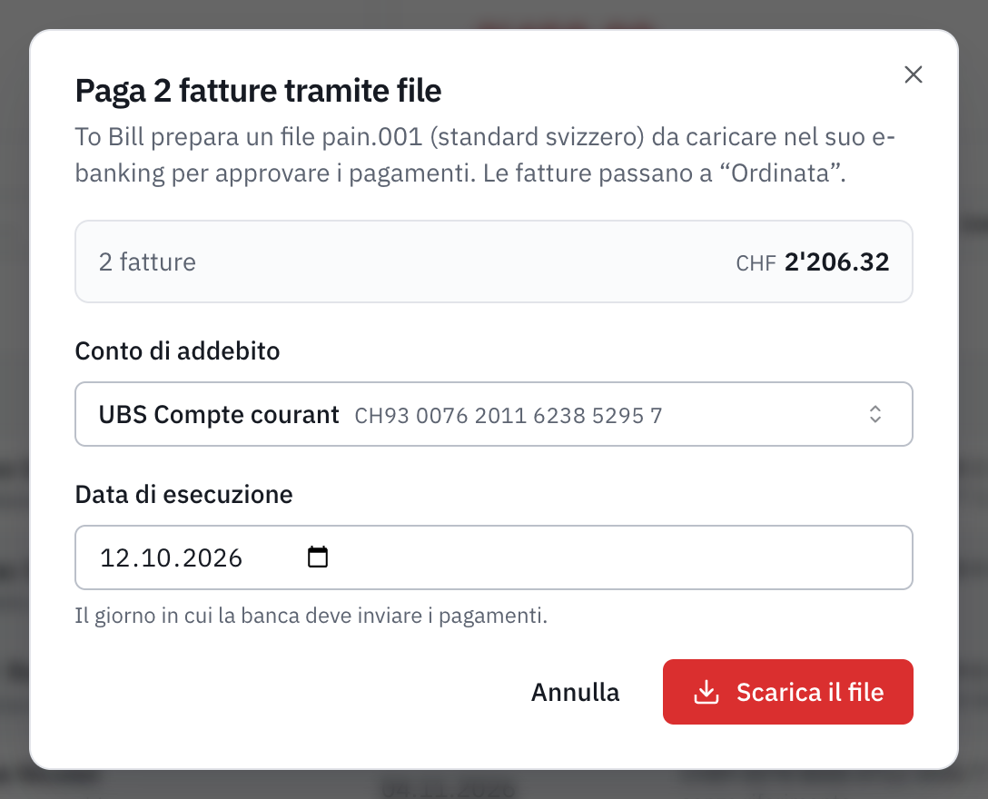 La finestra Pagare 2 fatture tramite file: il totale, il conto di addebito UBS Conto corrente, la data di esecuzione e il pulsante Scarica il file.