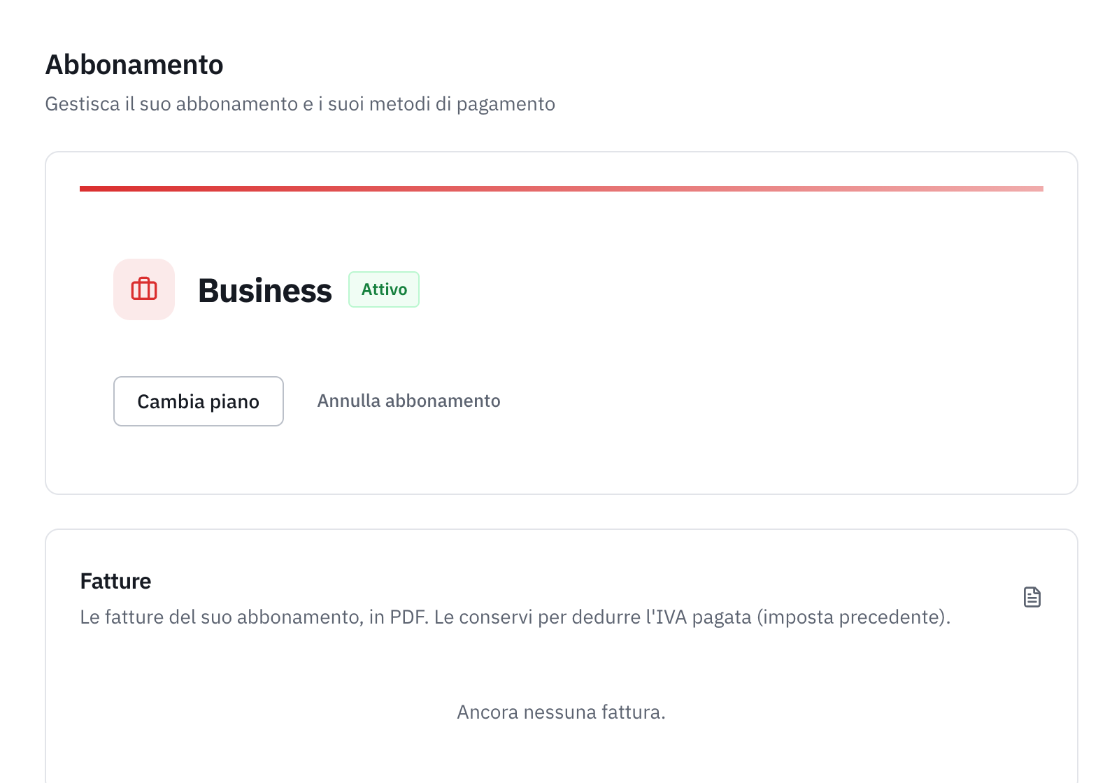 La pagina Abbonamento: il piano attivo, i pulsanti Cambiare piano e Annulla abbonamento, e la cronologia dei pagamenti.