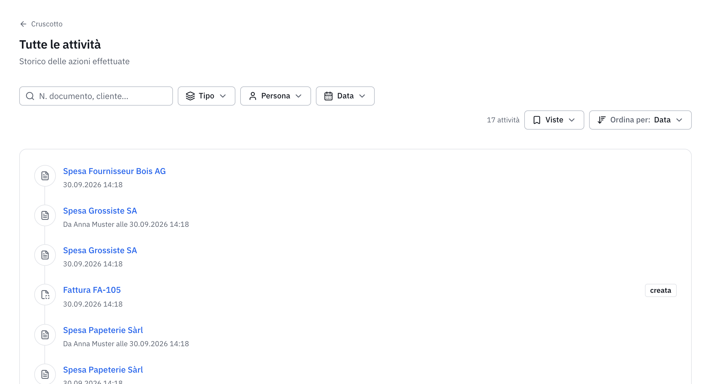 La pagina Tutte le attività: la lista delle azioni con la persona e la data, e i filtri Tipo, Persona e Data.