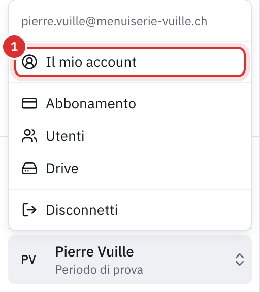 Il menu dell’account aperto in basso a sinistra: l’e-mail, Il mio account, Abbonamento, Utenti, Drive e Disconnetti.