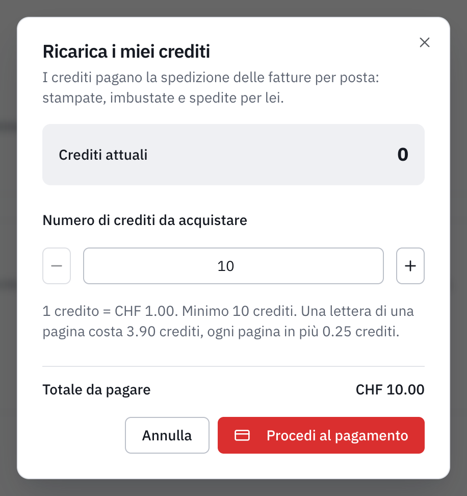 La finestra Ricarica i miei crediti: a che cosa servono i crediti (l’invio delle fatture per posta), i crediti attuali, il numero da acquistare, la tariffa con il minimo di 10 crediti e il prezzo di una lettera, e il totale da pagare di CHF 10.00.