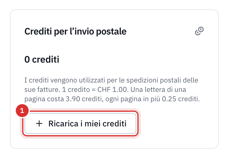 La scheda Crediti per l’invio postale della pagina Abbonamento: il saldo, la tariffa 1 credito = CHF 1.00 con il prezzo di una lettera, e il pulsante Ricarica i miei crediti.