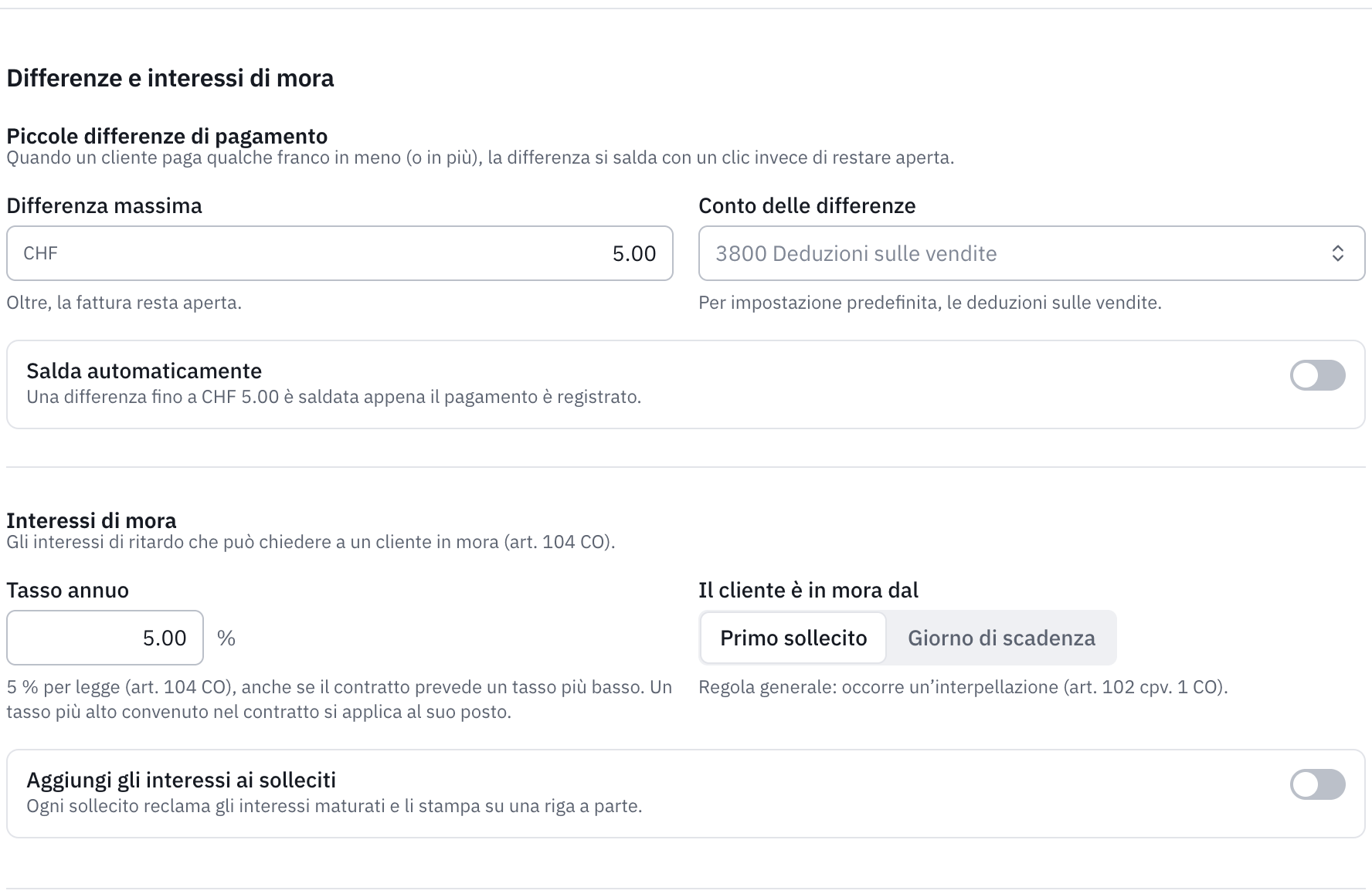 La parte Differenze e interessi di mora: la differenza massima, il conto delle differenze, il tasso annuo e l’inizio della mora.