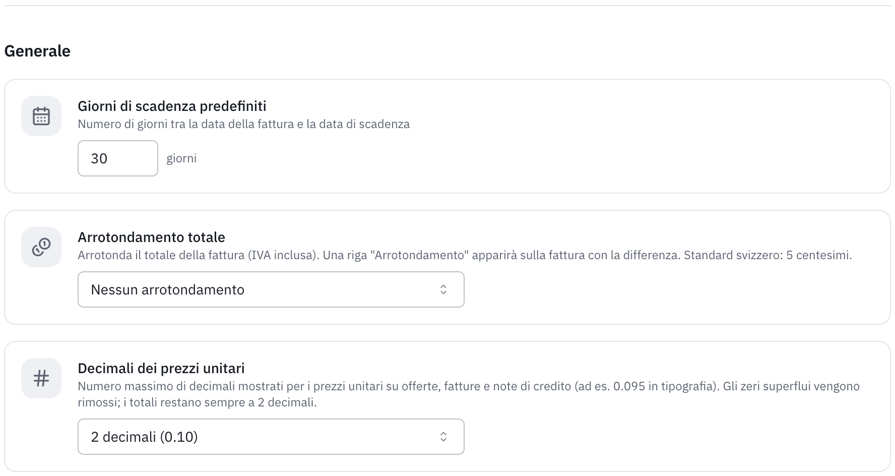 La parte Generale: giorni di scadenza predefiniti, arrotondamento del totale e decimali dei prezzi unitari.