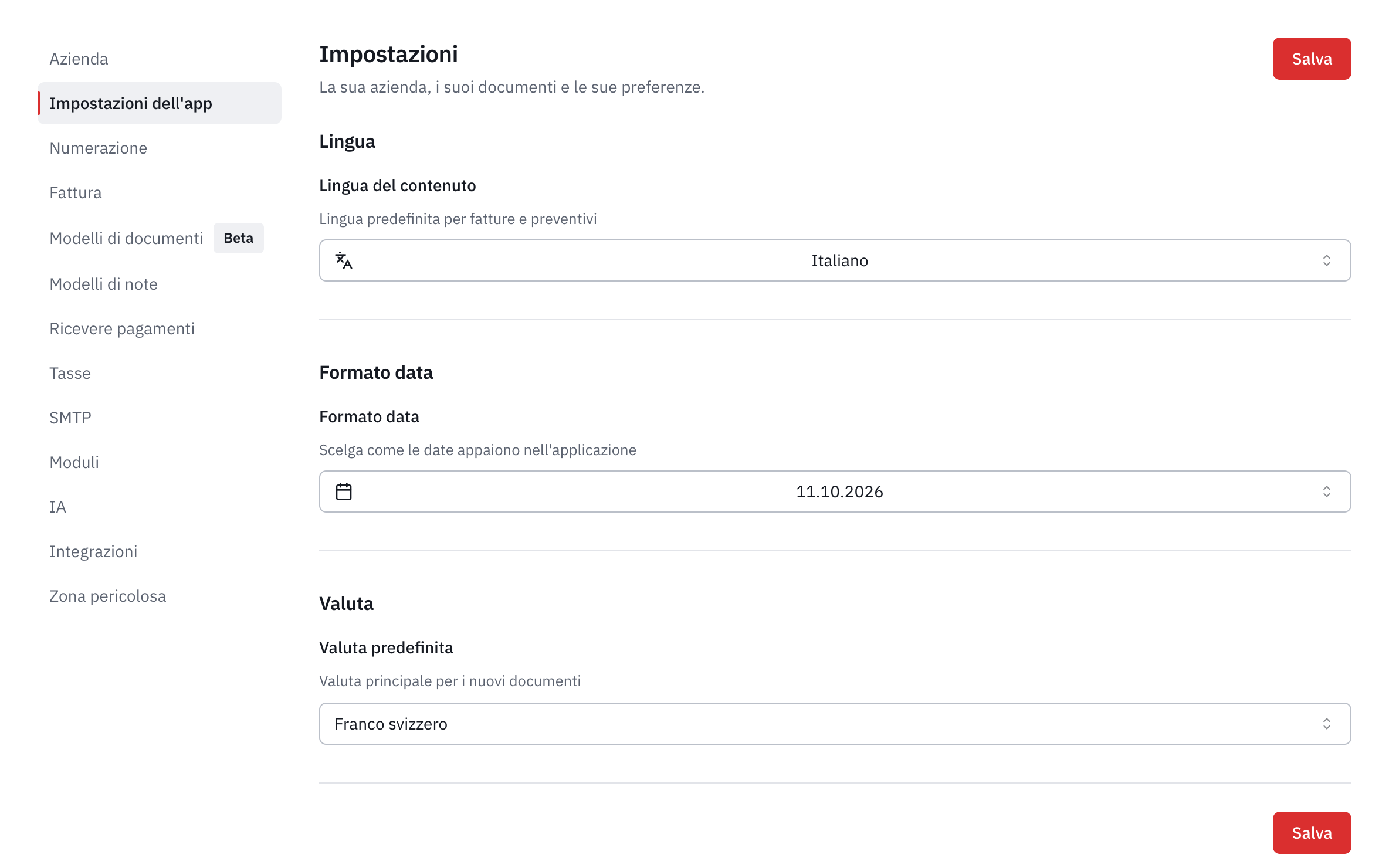 La scheda Impostazioni dell’app: la lingua del contenuto, il formato data e la valuta predefinita.