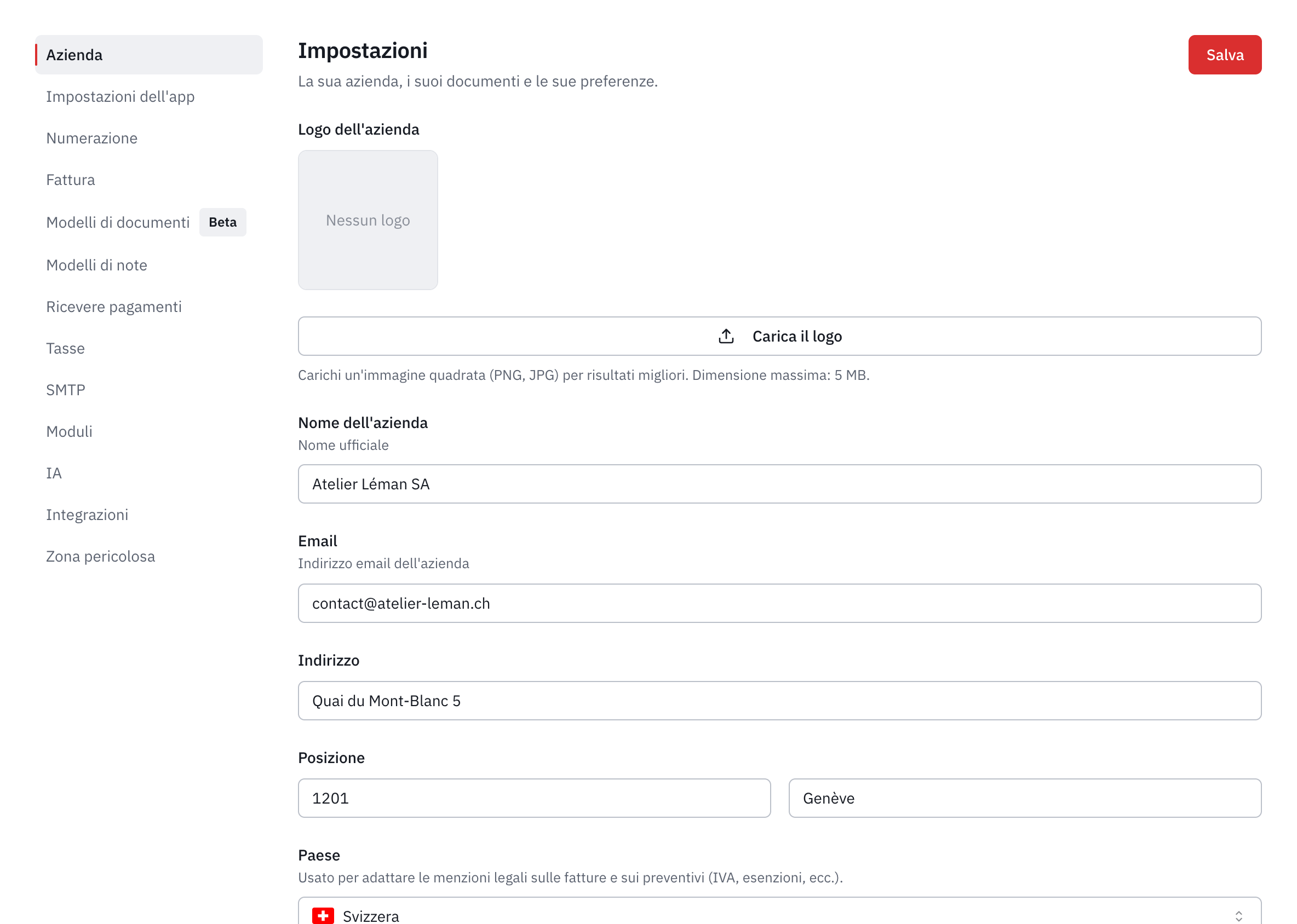 La scheda Azienda delle impostazioni: il logo, il nome, l’e-mail, l’indirizzo, la posizione e il paese.