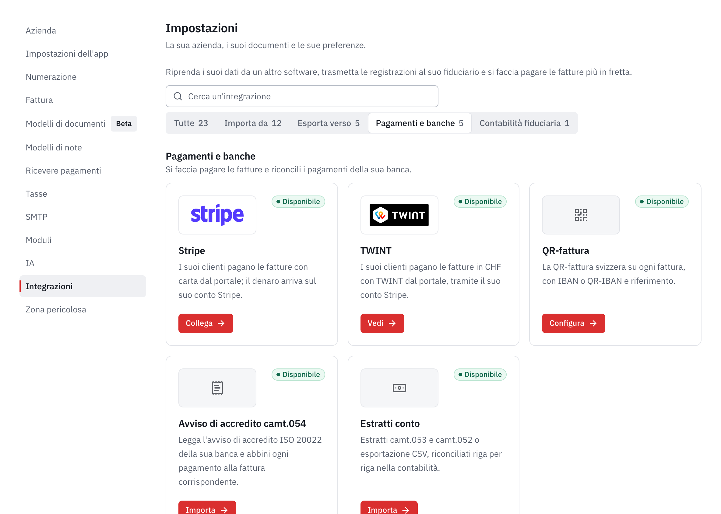 La categoria Pagamenti e banche: Stripe, TWINT, QR-fattura, avviso di accredito camt.054 ed estratti conto.