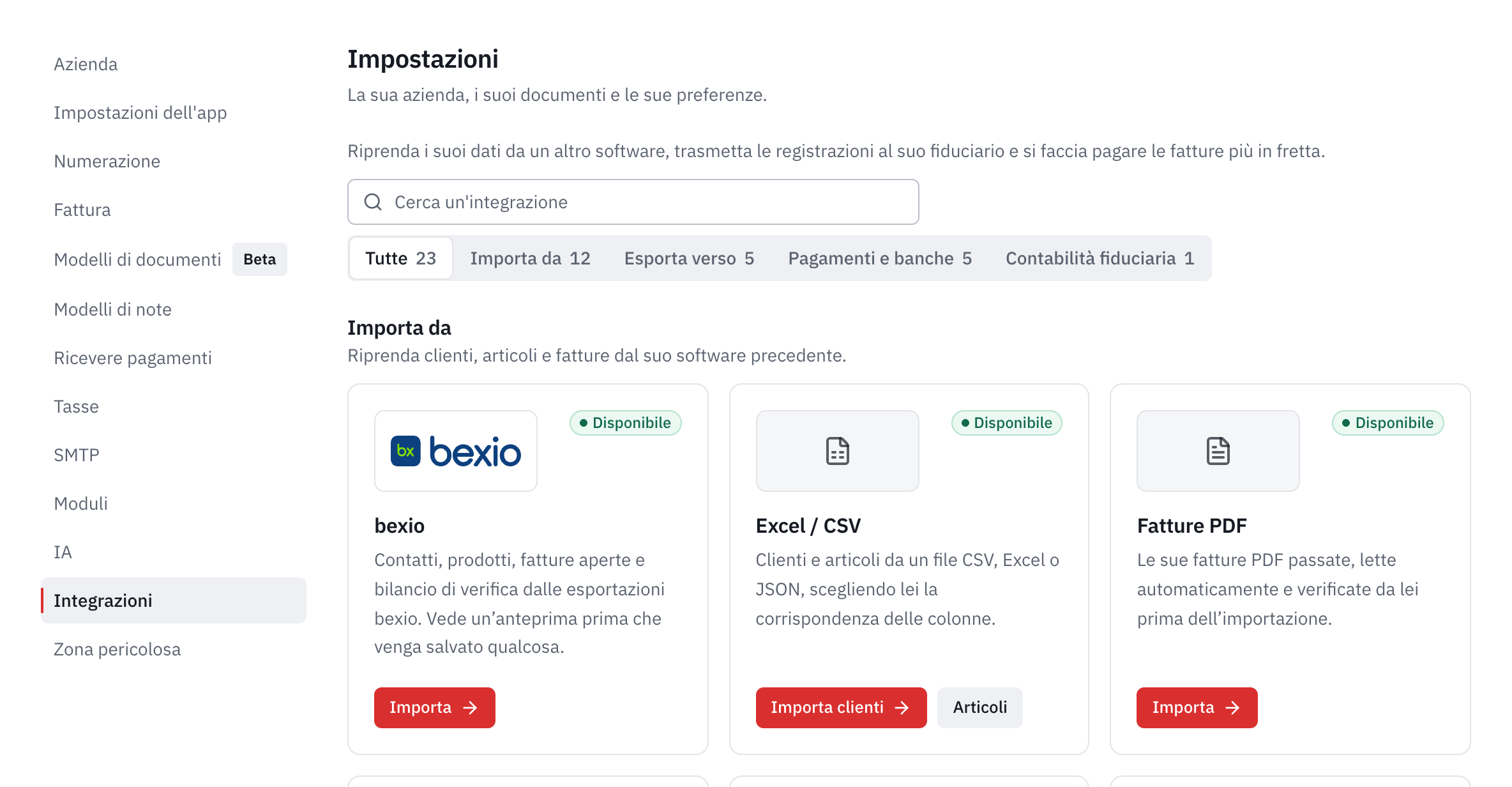 La scheda Integrazioni delle impostazioni: la ricerca, le categorie e le schede bexio, Excel / CSV e Fatture PDF.
