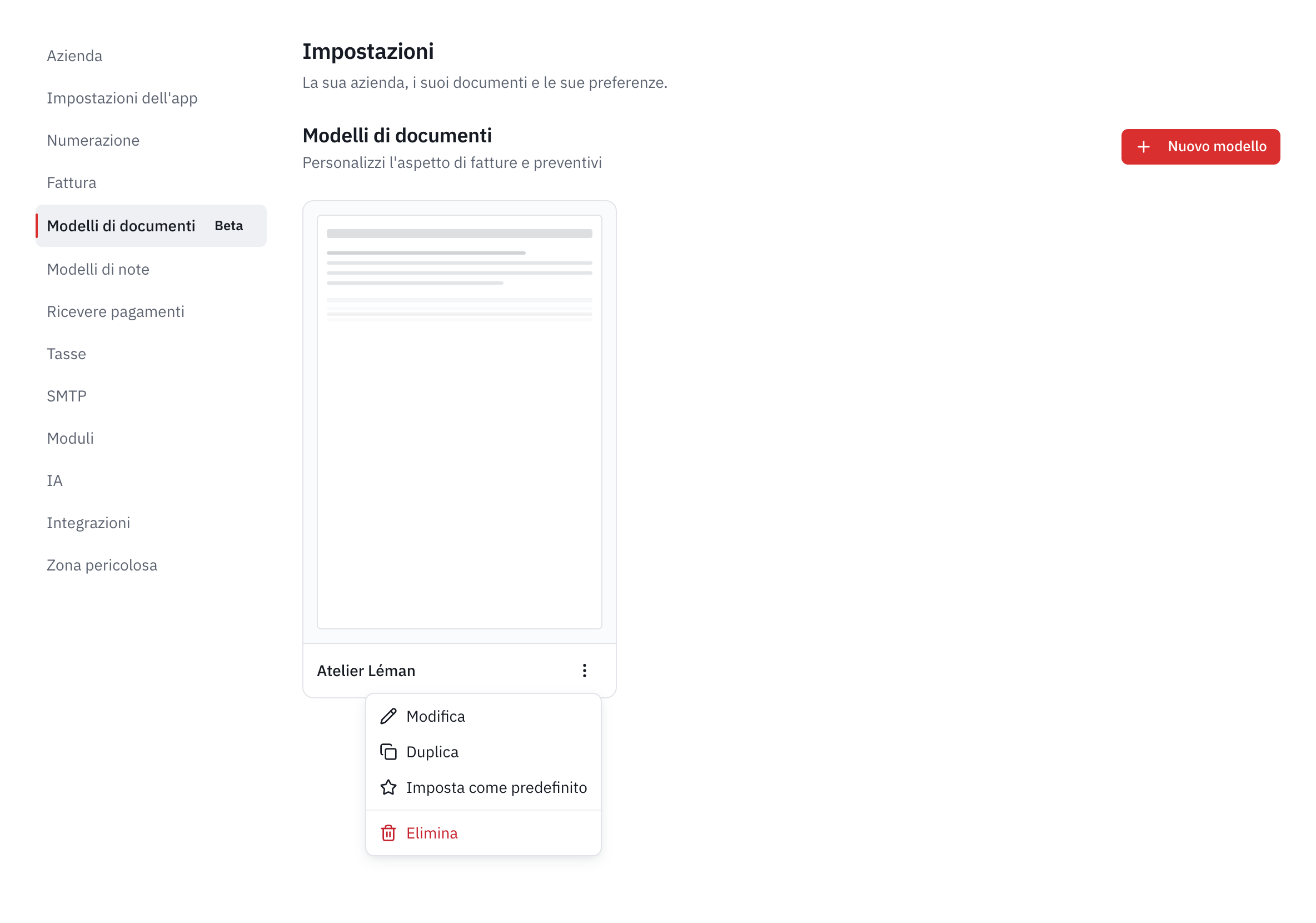 La lista dei modelli di documenti, con il menu di un modello aperto: Modifica, Duplica, Imposta come predefinito, Elimina.