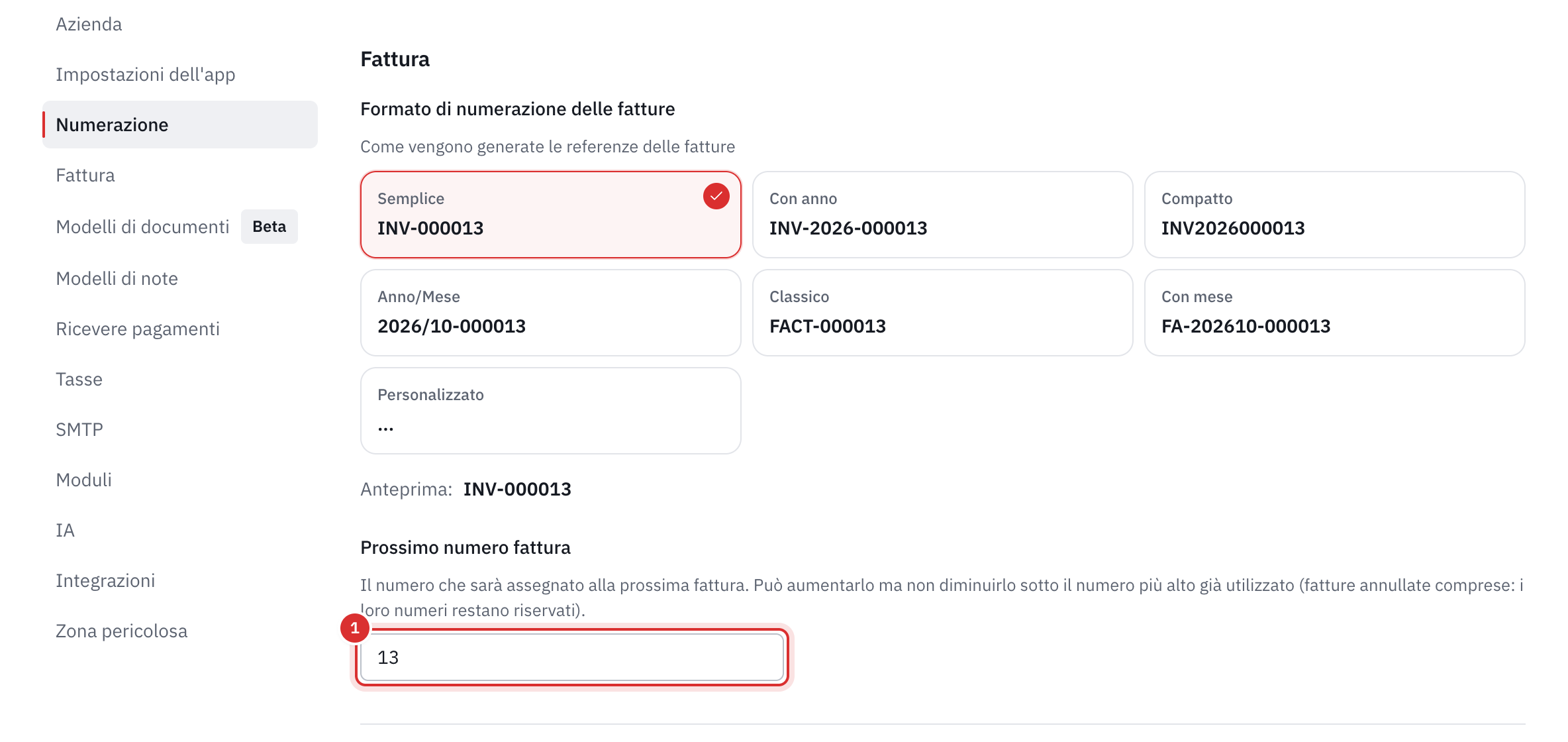 La parte Fattura: i formati di numerazione delle fatture e il campo Prossimo numero fattura.