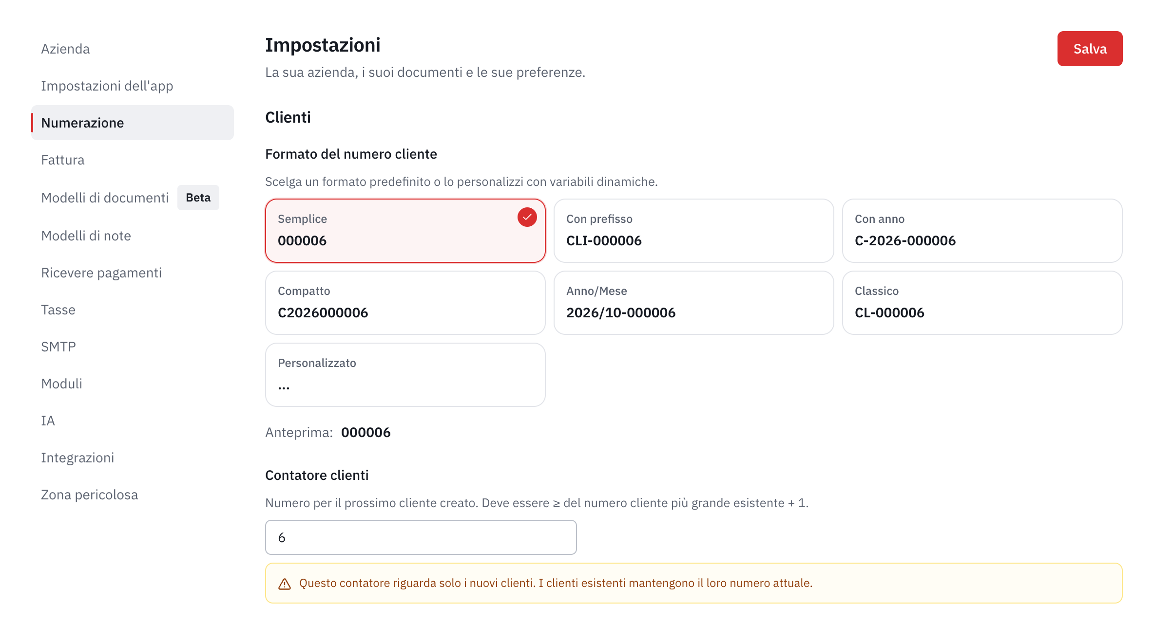 La parte Clienti della numerazione: i formati proposti, l’anteprima e il contatore clienti.