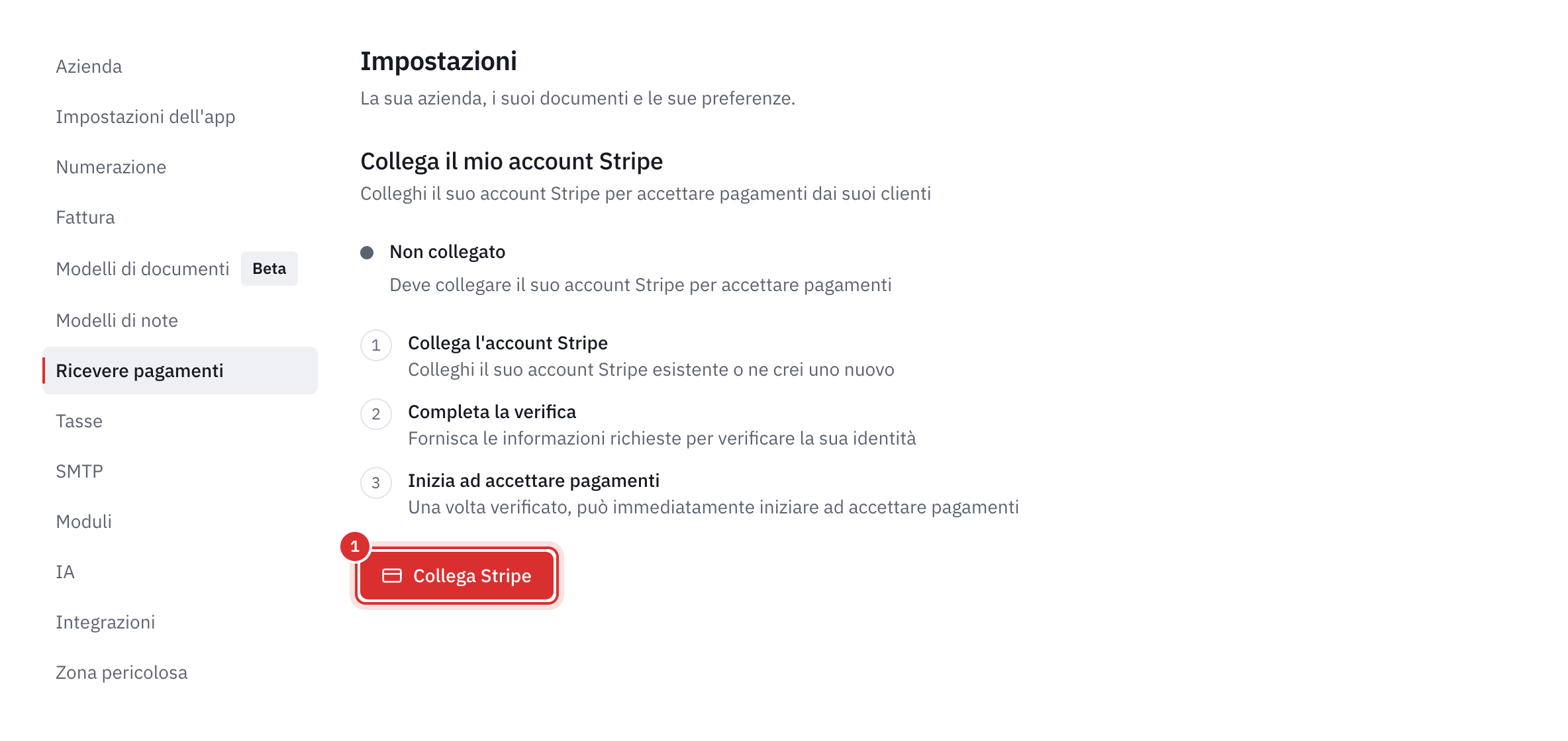 La scheda Ricevere pagamenti: il riquadro Non collegato, i tre passi e il pulsante Collega Stripe.
