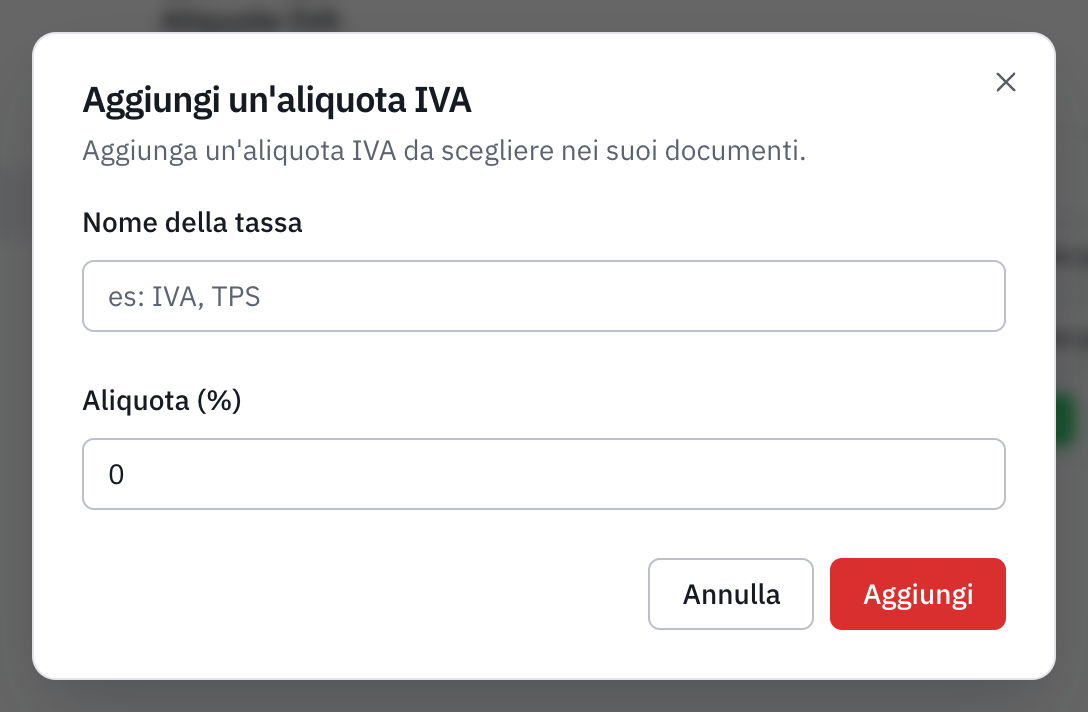 La finestra per aggiungere un’aliquota IVA: il nome della tassa e l’aliquota in percentuale.