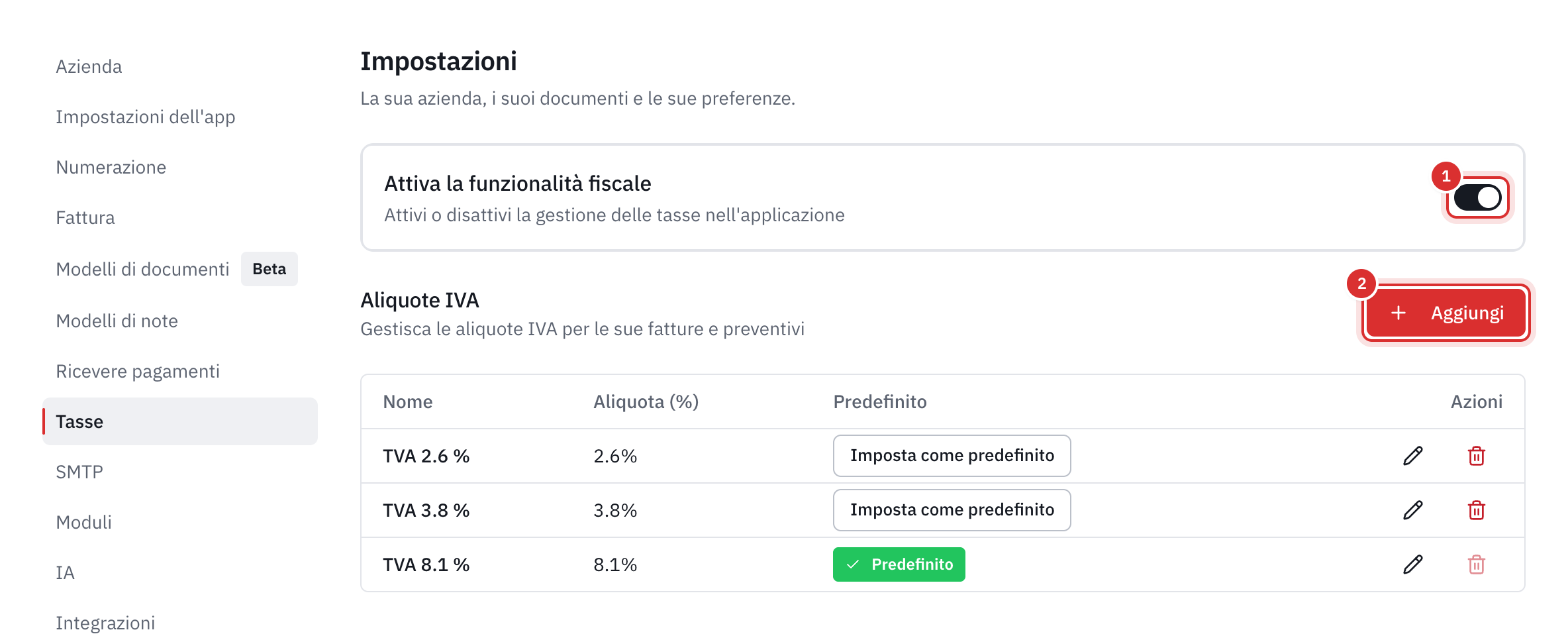 La scheda Tasse: l’interruttore Attiva la funzionalità fiscale e la lista delle aliquote IVA, con l’aliquota predefinita.