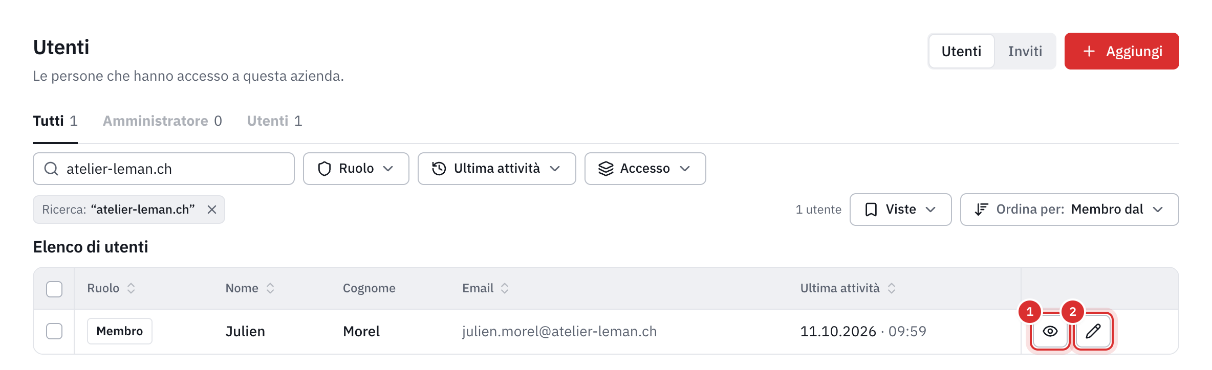 La lista degli utenti: il ruolo, il nome, il cognome, l’e-mail e l’ultima attività di ciascuno, con i pulsanti Dettagli e Modifica.