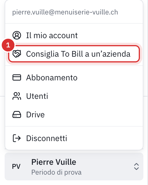 Il menu dell’account aperto in basso a sinistra, con la voce Consiglia To Bill a un’azienda sotto Il mio account.