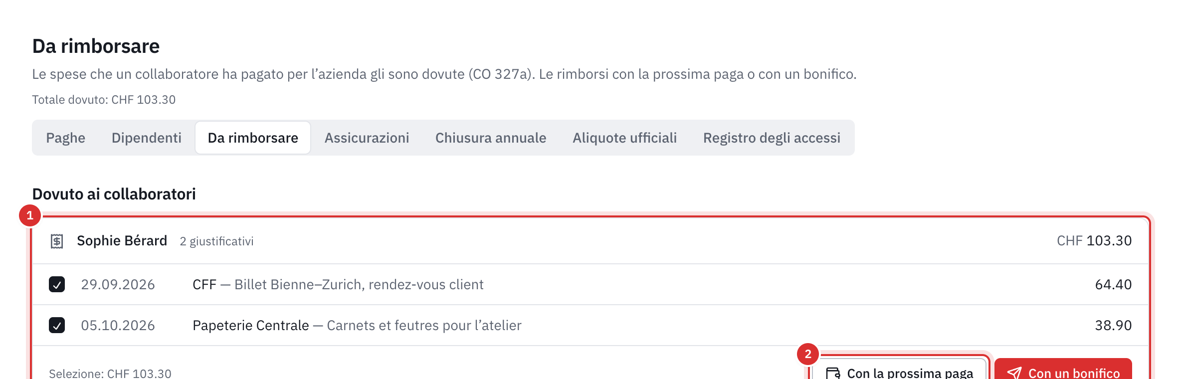 La pagina Da rimborsare: sotto Dovuto ai collaboratori, due spese anticipate da Sophie Bérard, spuntate, con i pulsanti Con la prossima paga e Con un bonifico.