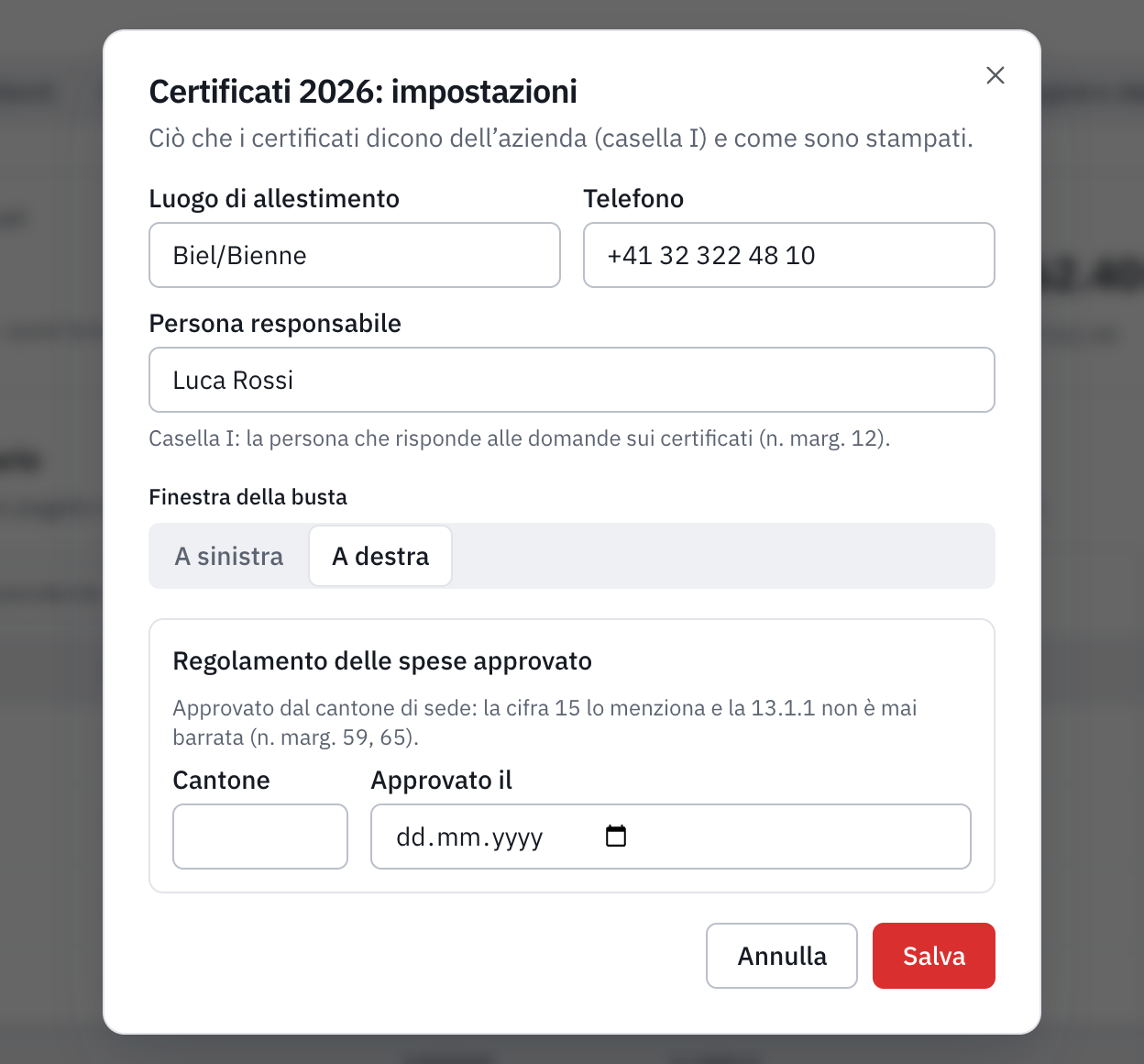 La finestra delle impostazioni dei certificati 2026: luogo di allestimento, telefono, persona responsabile, finestra della busta e regolamento delle spese approvato.