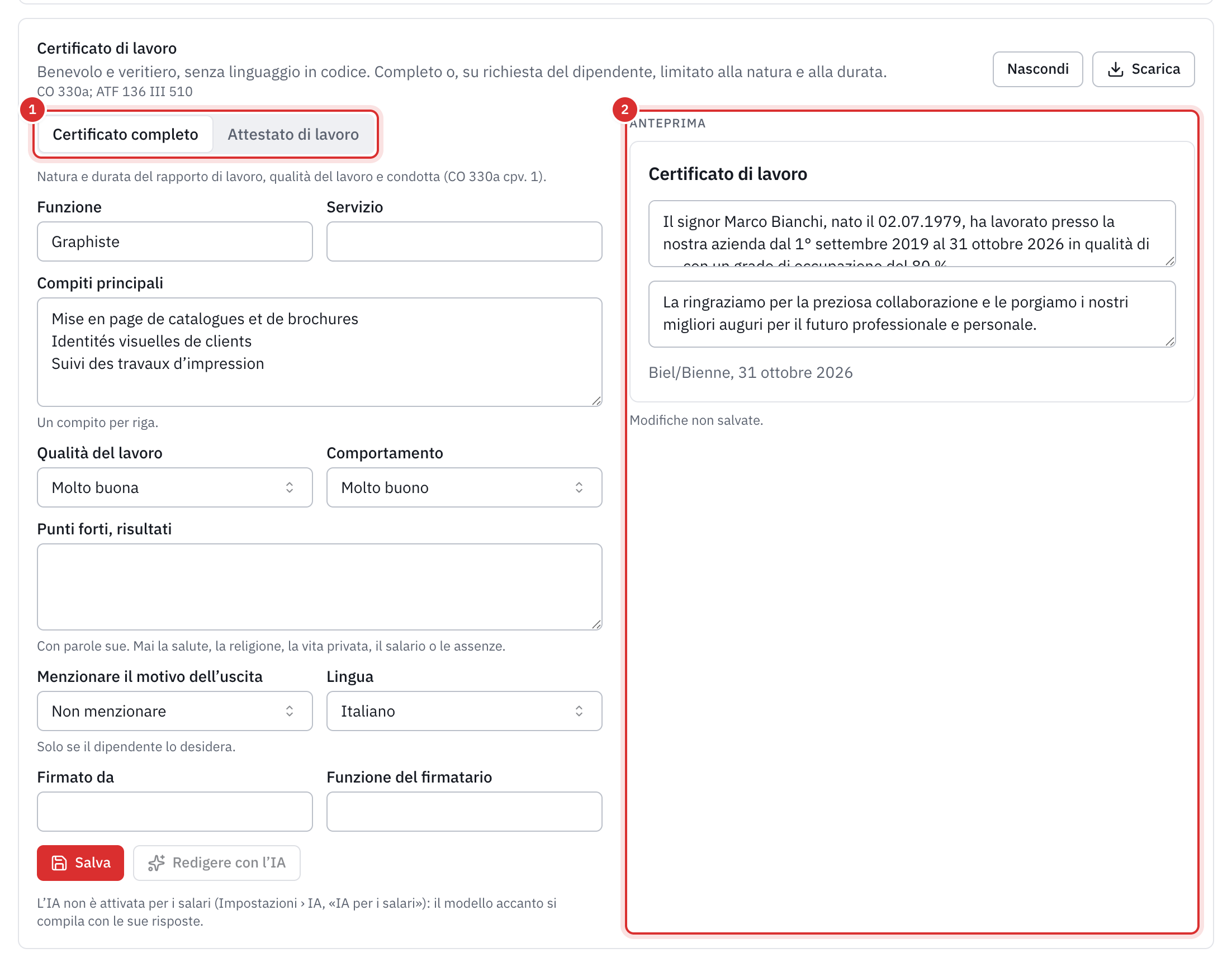 Il certificato di lavoro in redazione: il tipo Certificato completo, la funzione, i compiti, la qualità del lavoro e il comportamento, con accanto l’anteprima del certificato in italiano.
