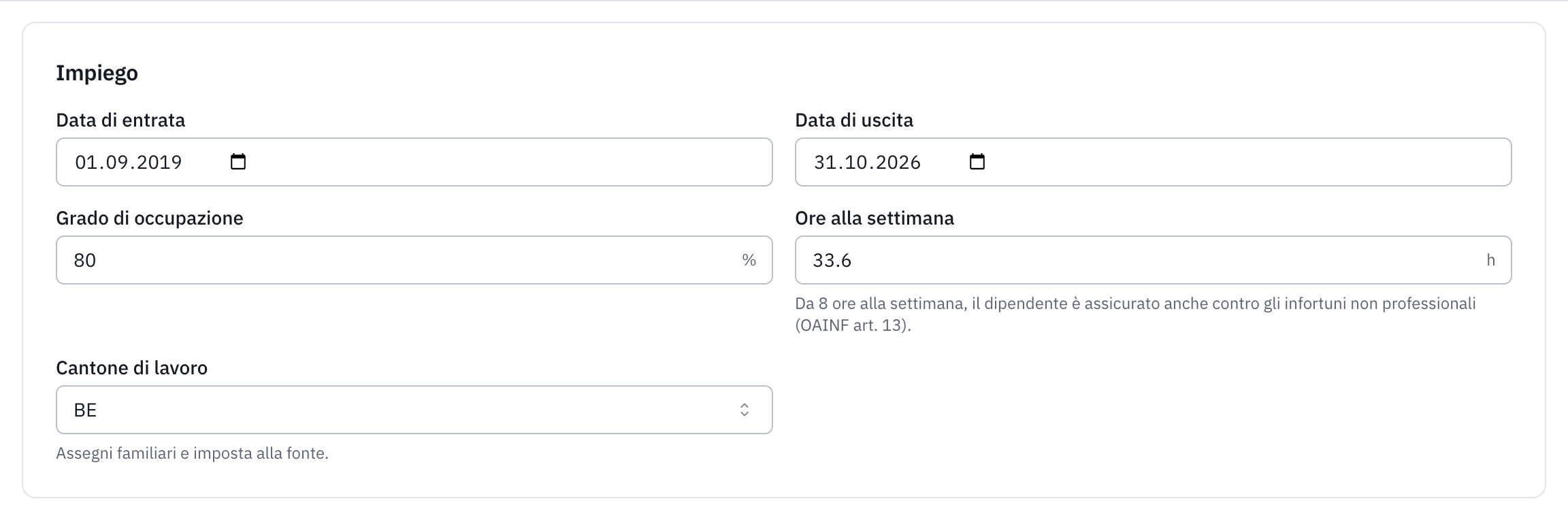La sezione Impiego: data di entrata, data di uscita, grado di occupazione, ore alla settimana e Cantone di lavoro.