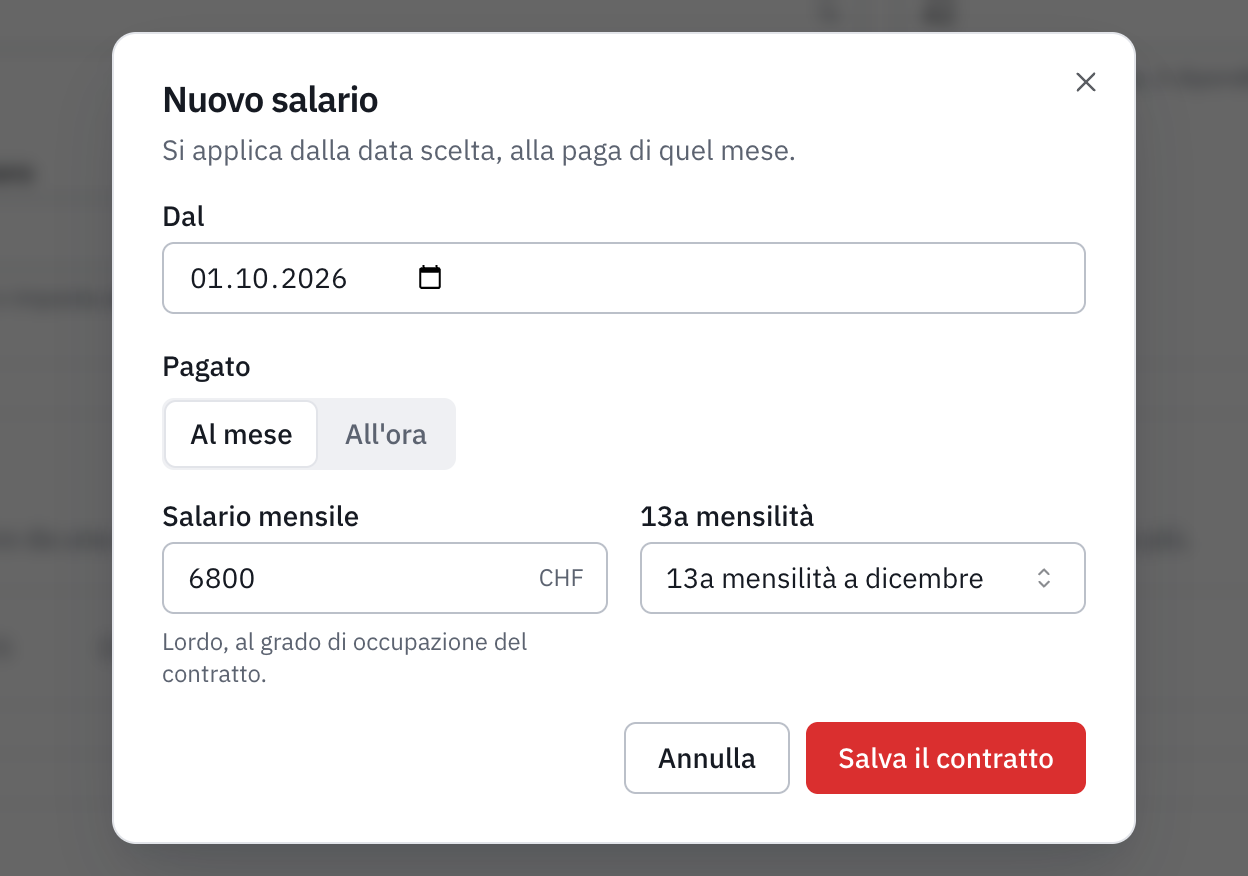 La finestra Nuovo salario: la data di validità, il salario mensile e la 13a mensilità.