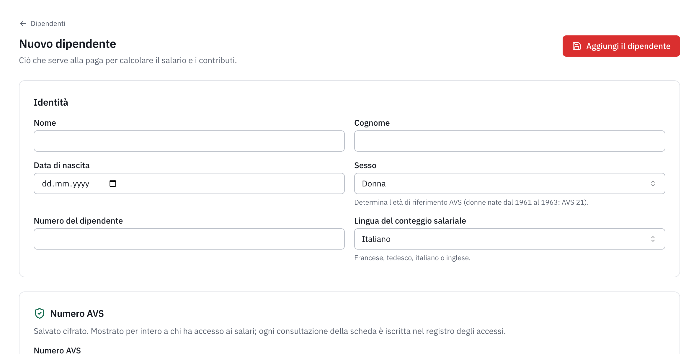 Il modulo Nuovo dipendente: le sezioni Identità e Numero AVS.