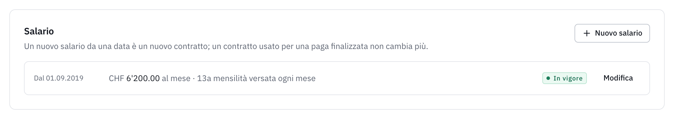 La sezione Salario di un dipendente: il contratto in vigore e il pulsante Nuovo salario.