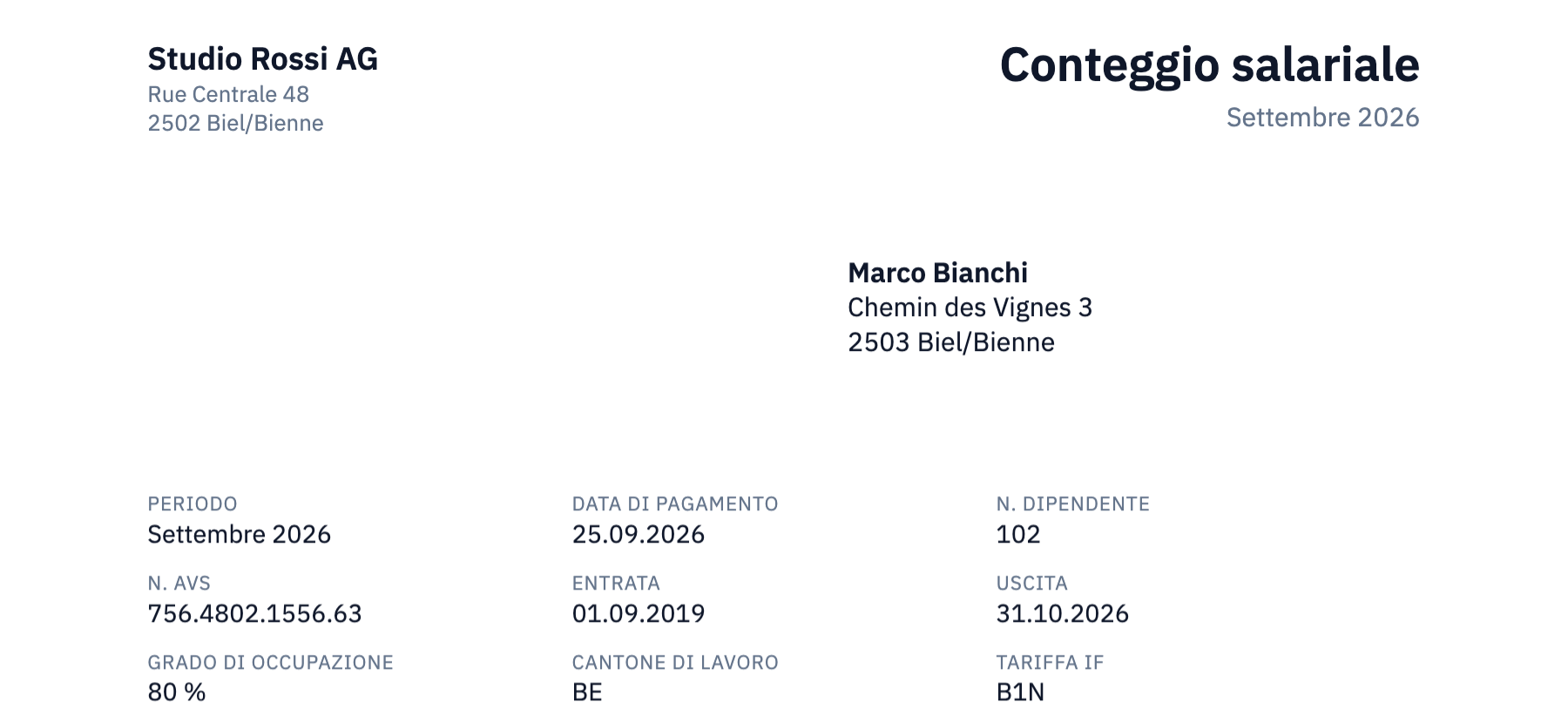 La parte alta di un conteggio salariale in italiano, Conteggio salariale, per un dipendente assoggettato all’imposta alla fonte.