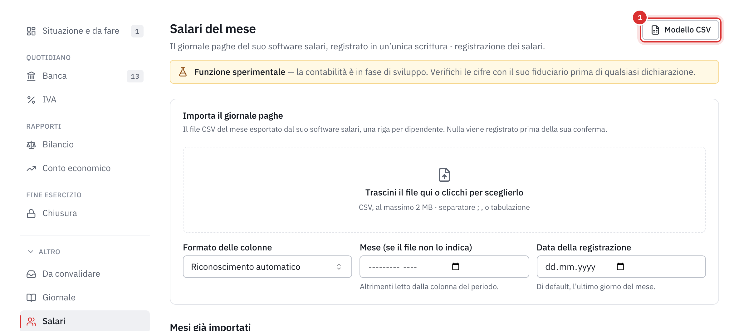La pagina Salari del mese della contabilità: la zona per depositare il giornale, il formato delle colonne, il mese e la data della registrazione.