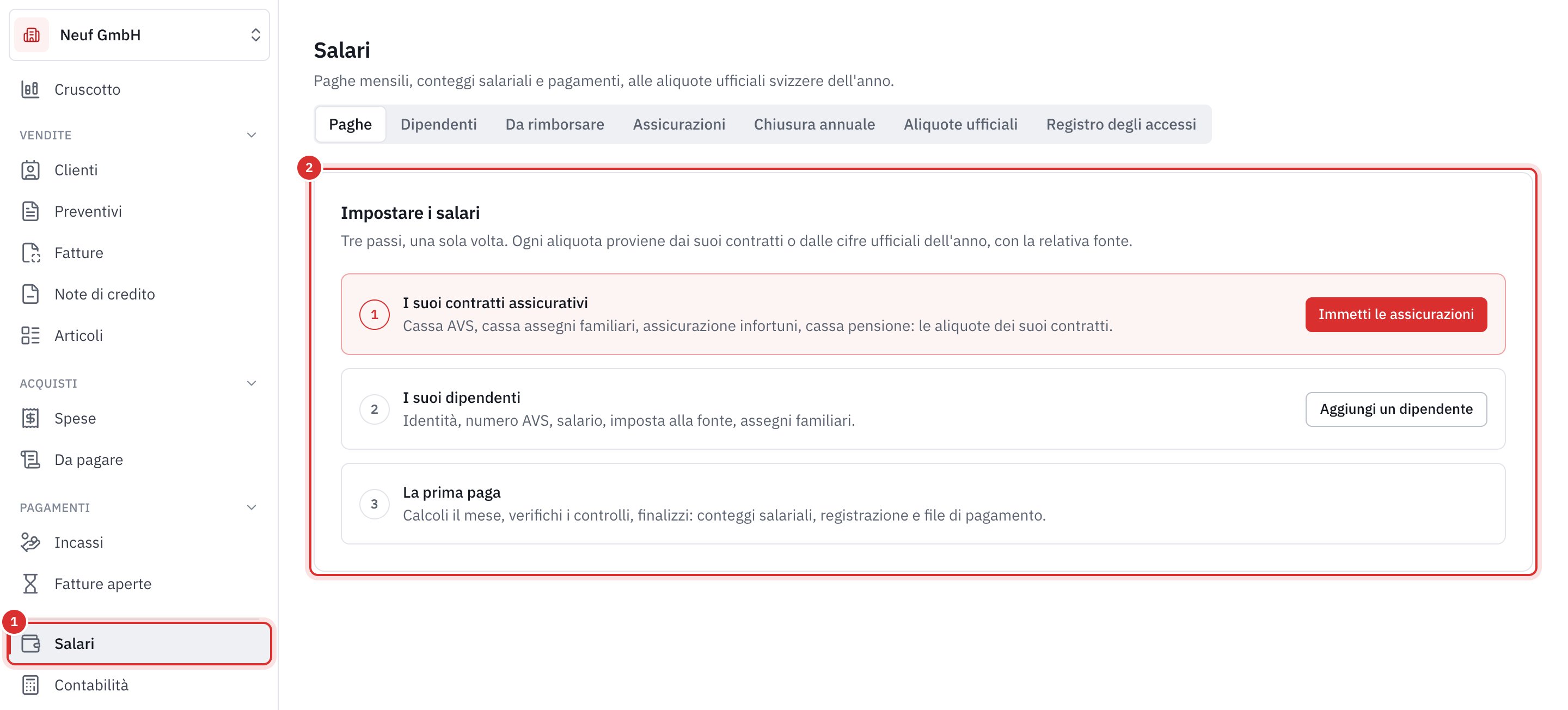 La pagina Salari di un’azienda che ha appena attivato il modulo: il menu Salari e le tre fasi di impostazione.