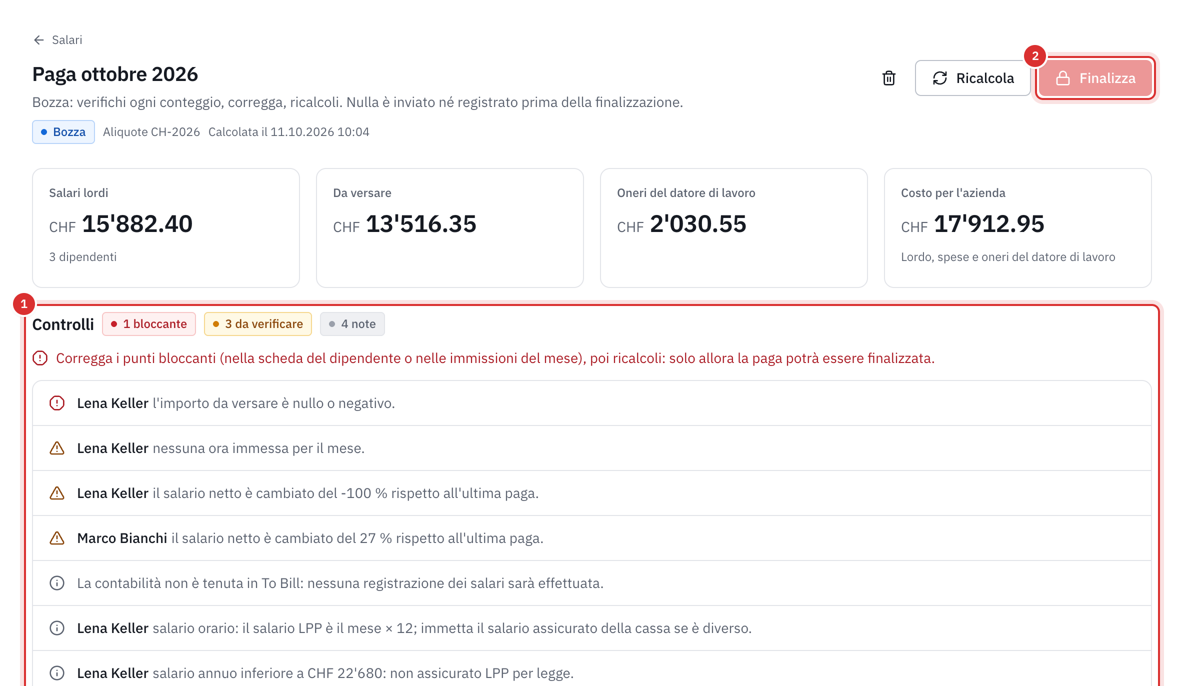 Una paga in bozza: le quattro cifre del mese, i controlli con un punto bloccante, e il pulsante Finalizza disattivato.