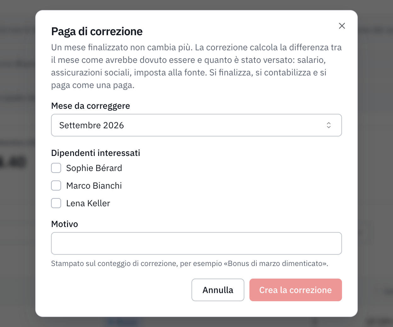 La finestra Paga di correzione: il mese da correggere, i dipendenti interessati e il motivo.