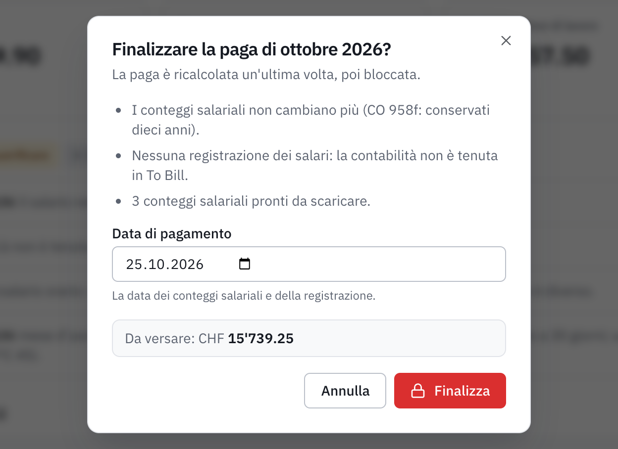 La finestra Finalizzare la paga: che cosa succederà, la data di pagamento e l’importo da versare.
