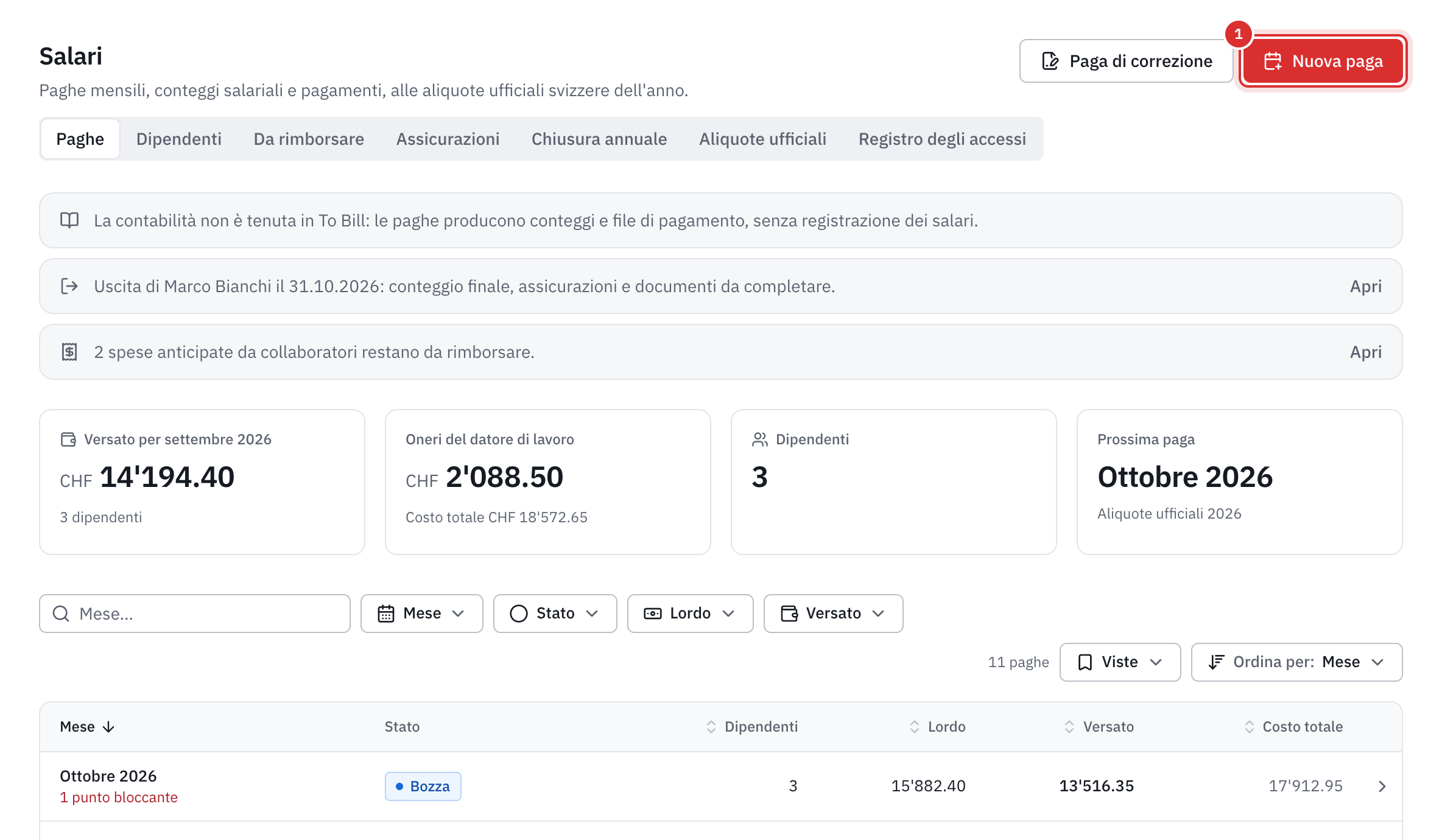 La pagina Salari: le cifre dell’ultimo mese pagato, la prossima paga e l’elenco delle paghe, con il pulsante Nuova paga.