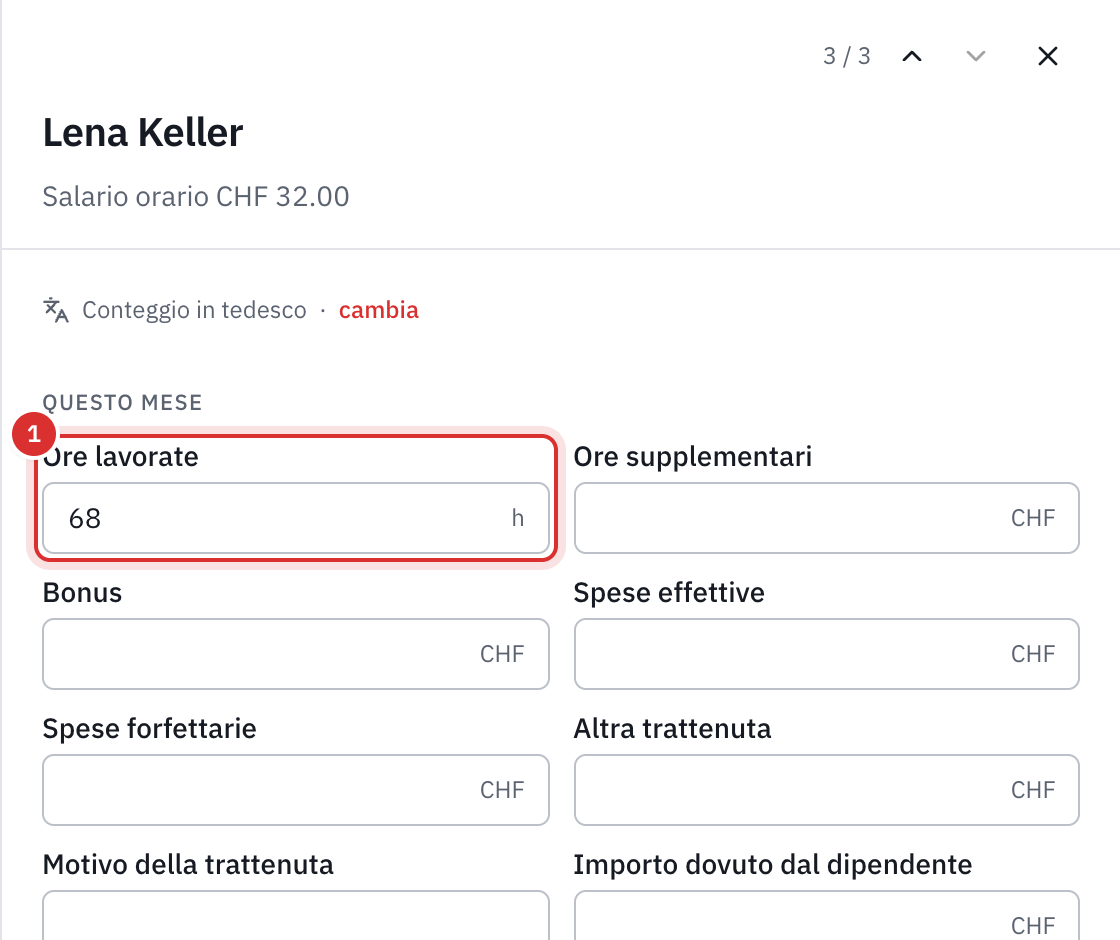 La scheda di una dipendente pagata a ore: le immissioni del mese, con 68 ore lavorate, i suoi controlli e il suo conteggio salariale.