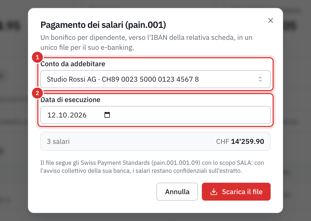 La finestra Pagamento dei salari: il conto da addebitare, la data di esecuzione, il numero di salari e il totale.