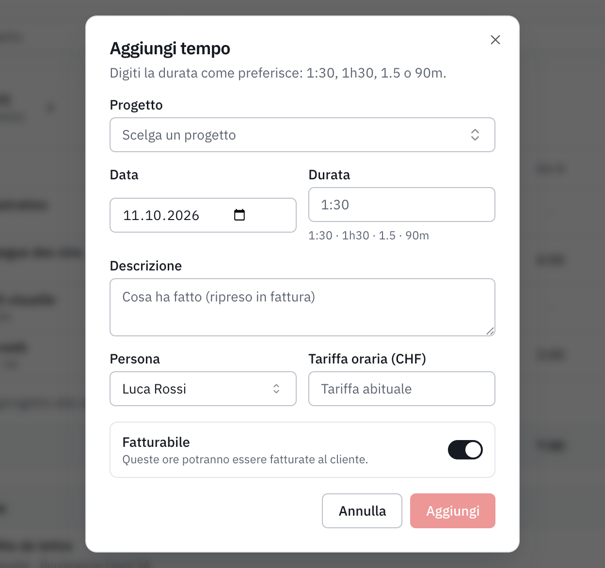 La finestra Aggiungere tempo: progetto, data, durata, descrizione, persona, tariffa oraria e fatturabile.