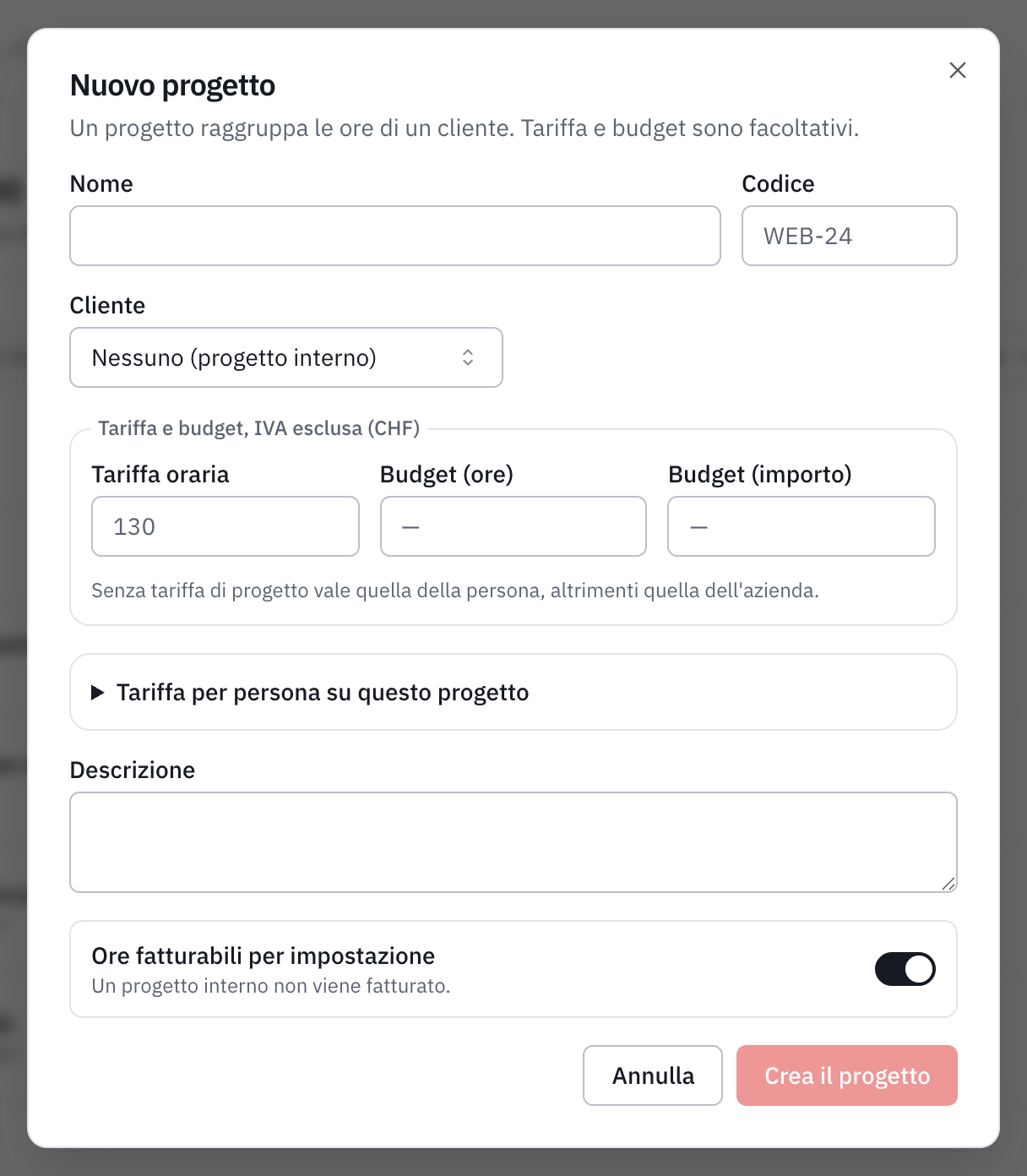 La finestra Nuovo progetto: nome, codice, cliente, tariffa e budget, tariffa per persona, descrizione e ore fatturabili per impostazione.